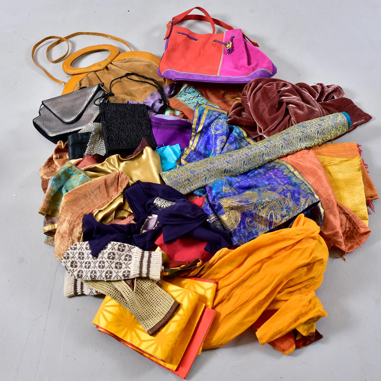 SCARVES AND BAGS, one moving box.
