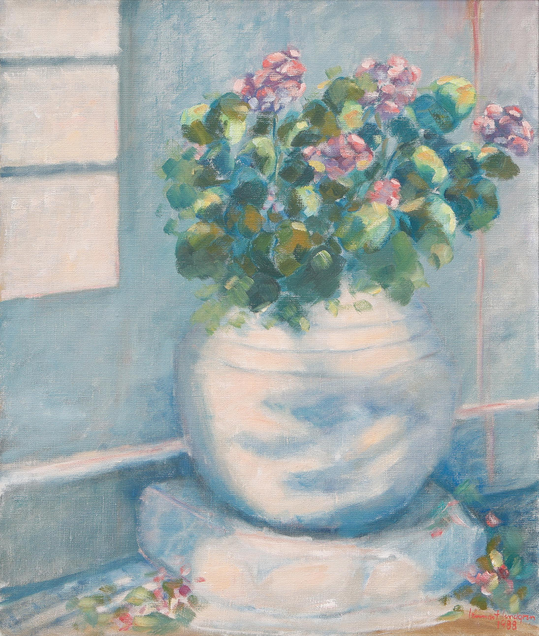 LENNART LINDGREN. Olja på duk, blommor i urna, signerad, daterad 1988.