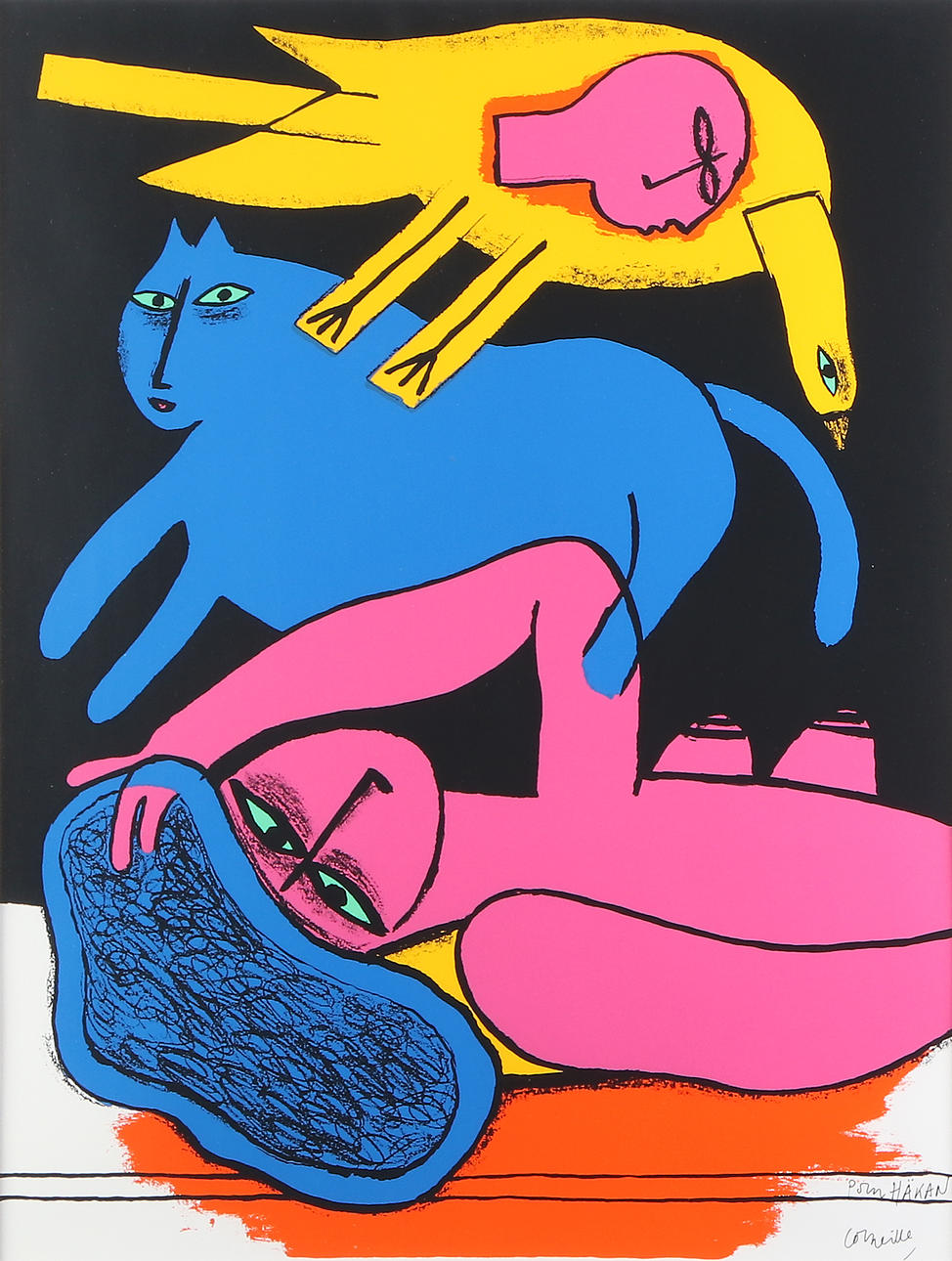 GUILLAUME VAN BEVERLOO, "CORNEILLE". Serigrafi. Komposition med kvinna, katt och fågel. Signerad samt dedikerad.
