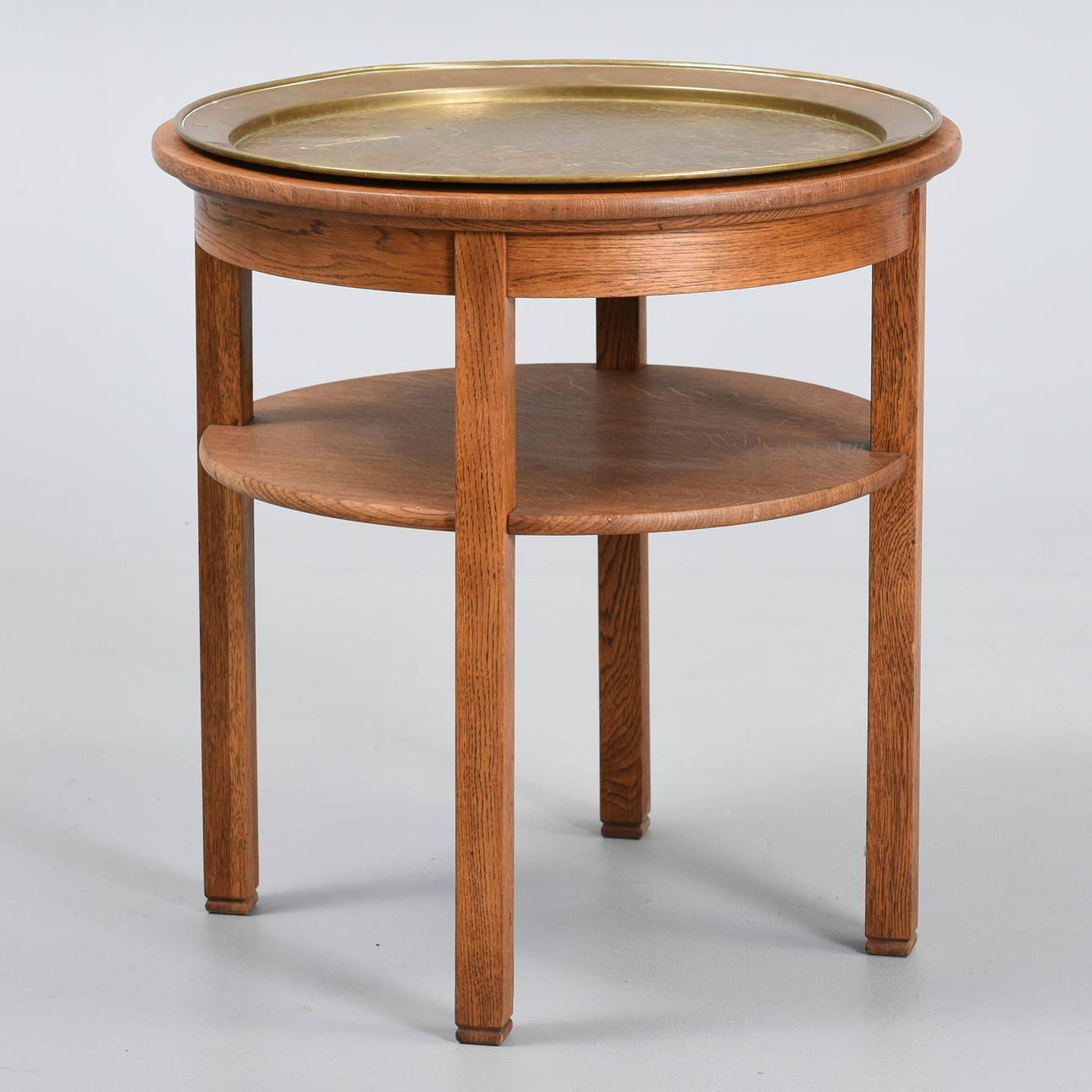 Circular side table with shelf, brass tray. Denmark, 1930s-1940s.
