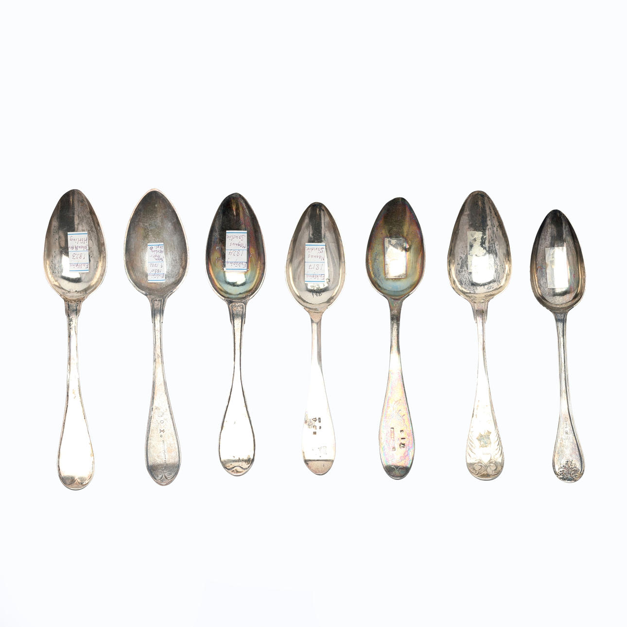 SPOONS. Silver, 7 pcs, various makers, Enköping, early 19th century.