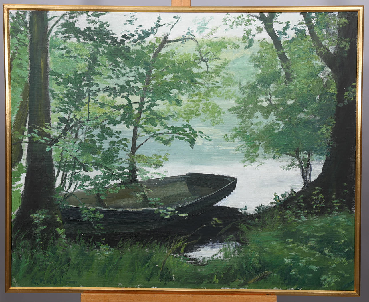 GERHARD NORDSTRÖM. Olja på duk, Eka vid strandkanten, signerad G Nordström.