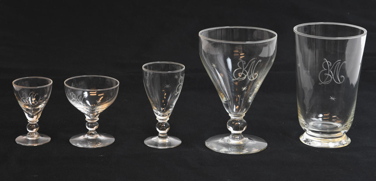 GLASSWARE, 59 pieces with monogram.