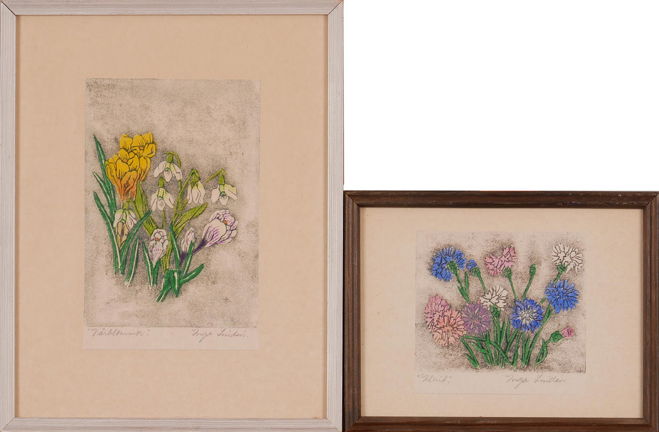 INGA LINDÉN. "Klint" och "Vårblommor", handtryck, signerade.
