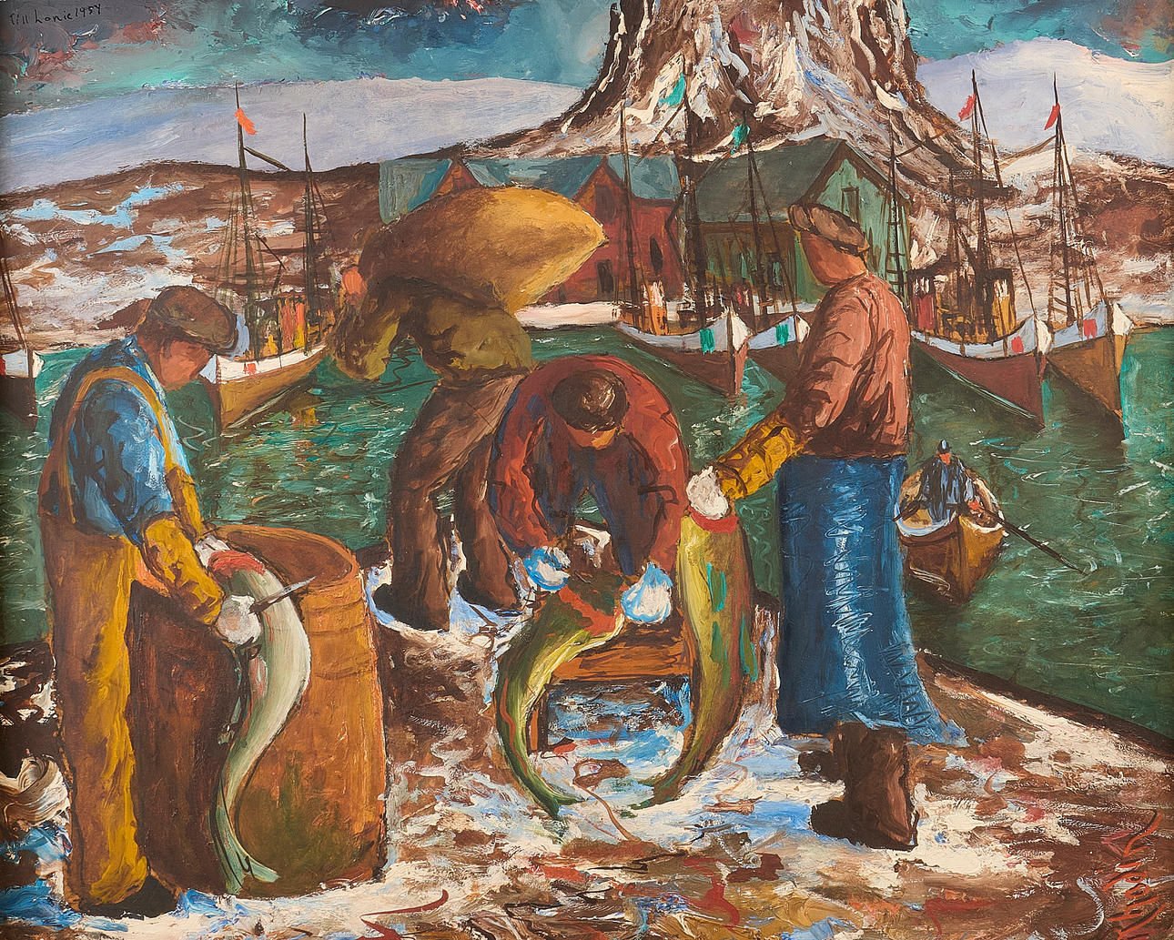 ALESSANDRO RHODIN. Oil painting, signed, cod fishermen in Northern Norway, panel.