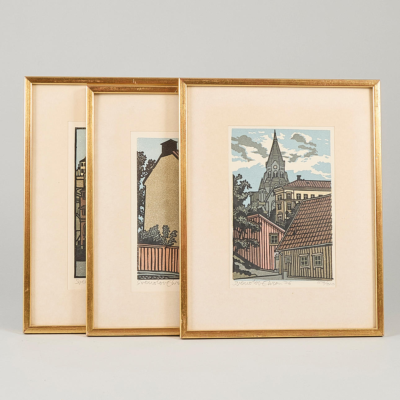 SVEN-OLOV EHRÉN. Woodcuts, 3 pcs, signed, numbered 278/310, Stockholm motifs.