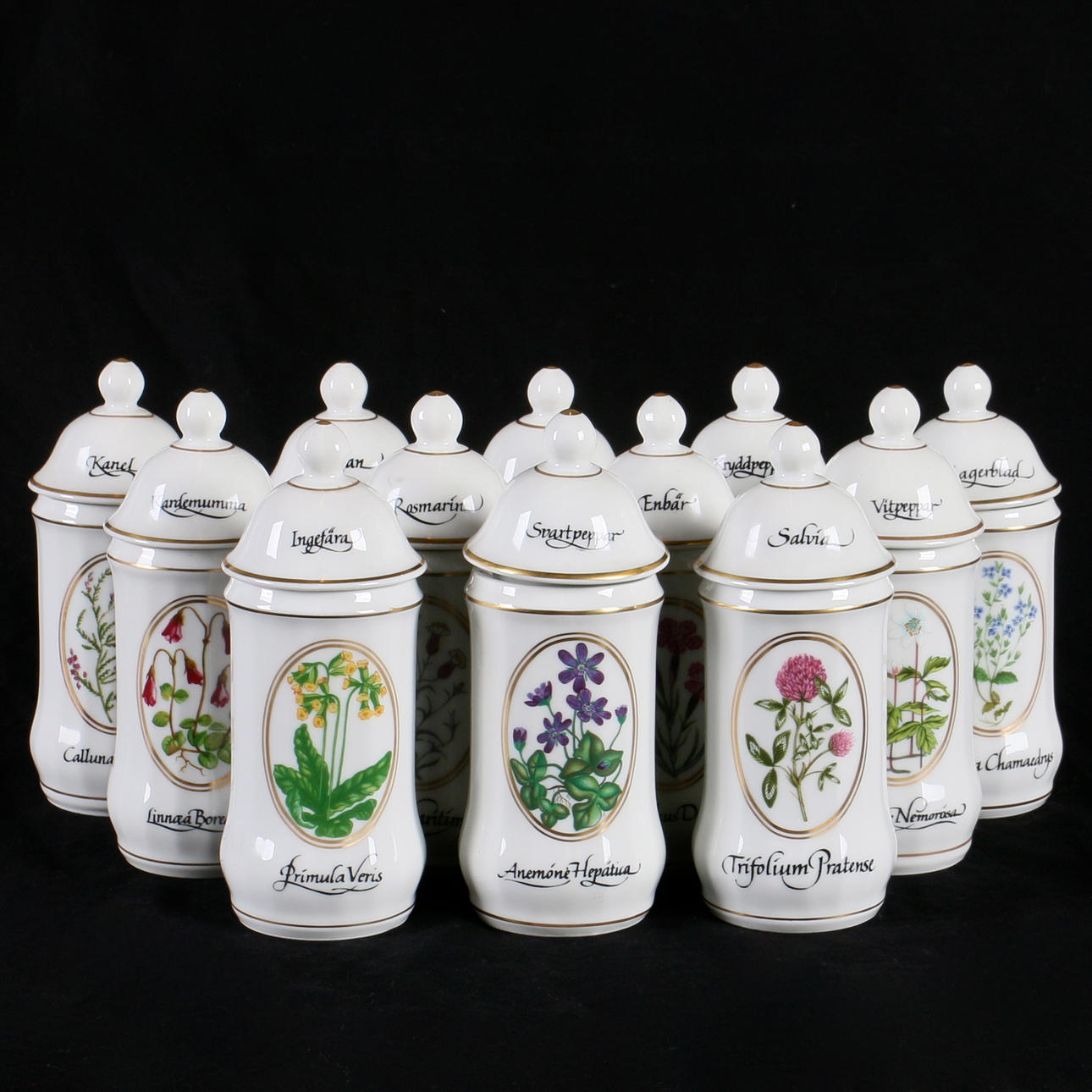 KRYDDBURKAR, 12 st. Porslin, Carl Von Linné, Christineholm, Fyrklövern.