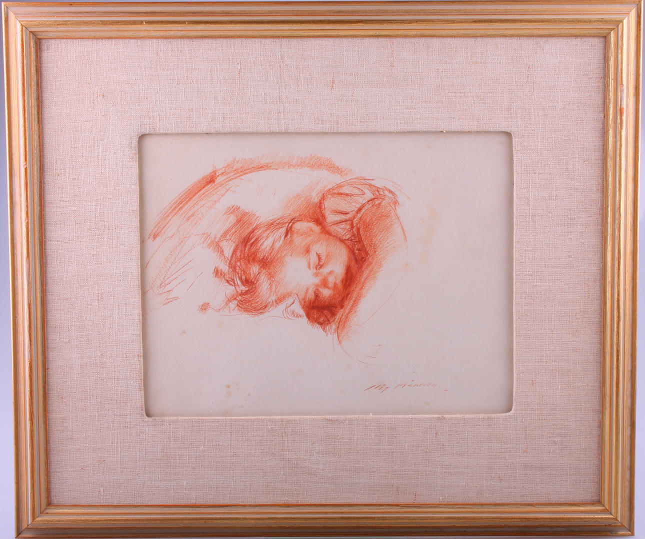 STIG MÅNSSON. rödkrita, sovande barn.