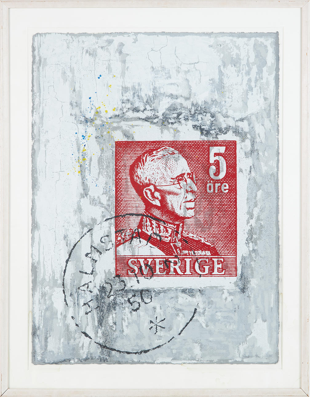 THOMAS MÜLLER. Komposition med Gustav V, blandteknik på papper, signerad.