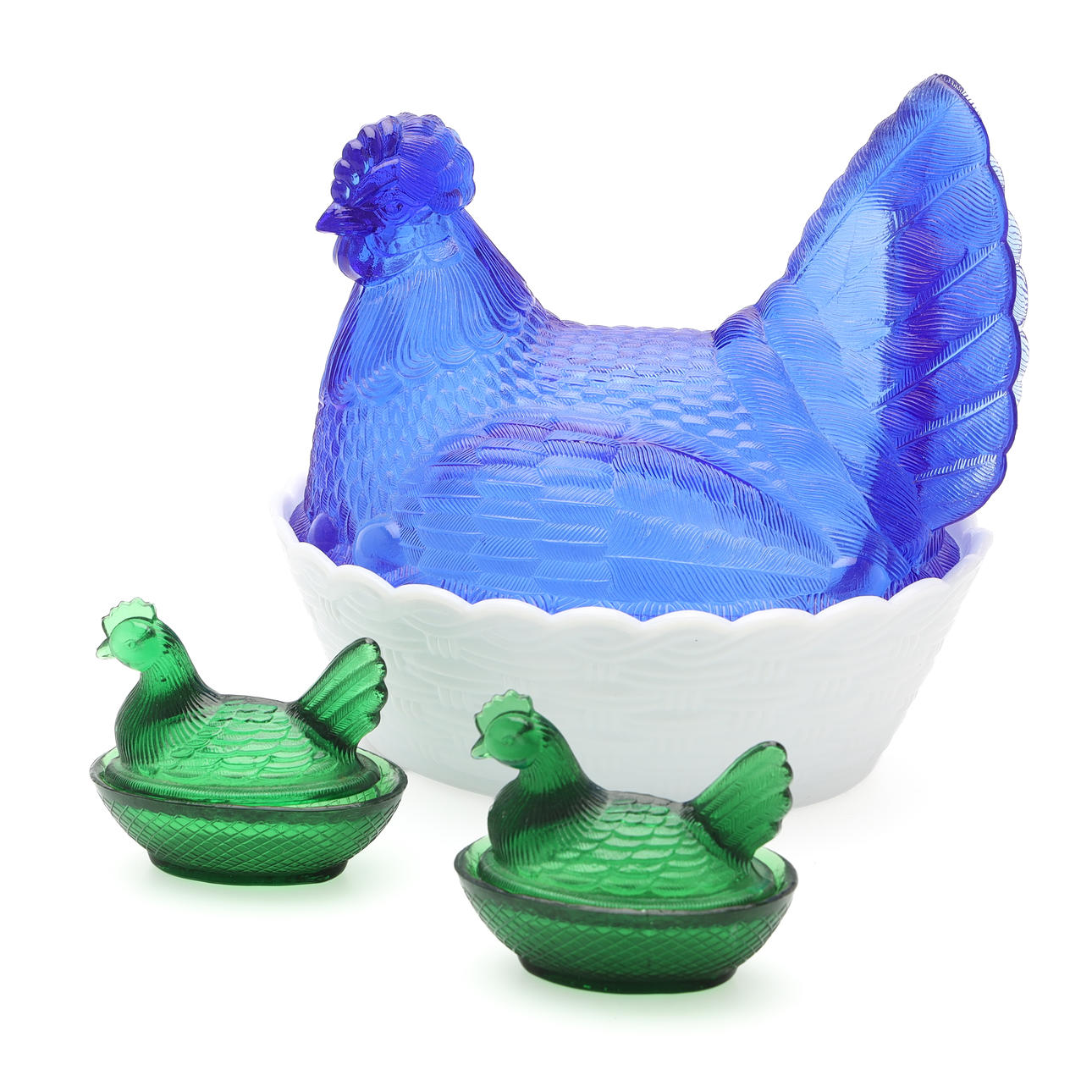 ÄGGHÖNA, 3 st, formpressat glas, 1900-tal.