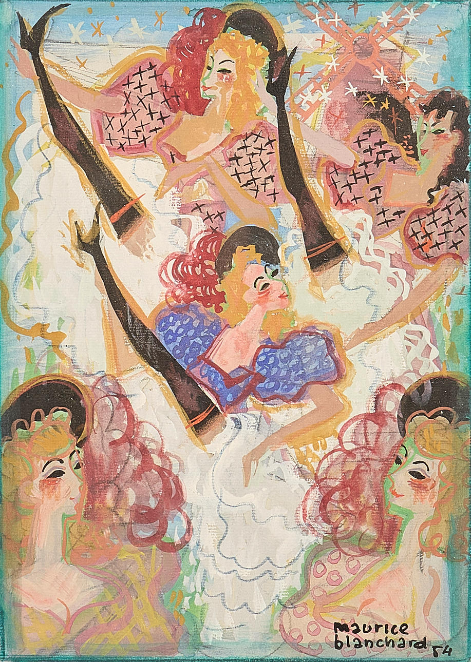 MAURICE BLANCHARD. Gouache, signed, dated 1954, can-can dancers at Moulin Rouge.