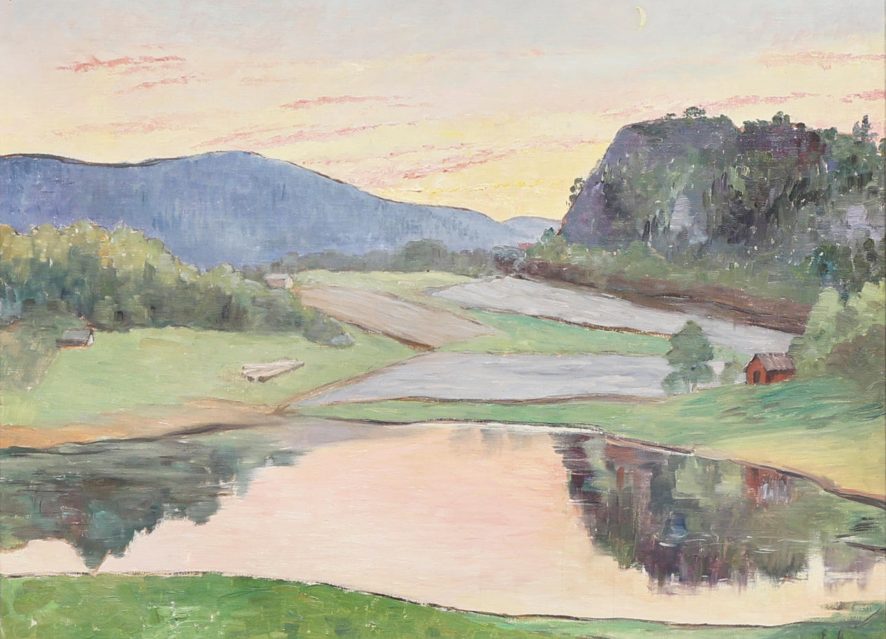 OIDENTIFIERAD KONSTNÄR. Oil painting, monogram signed E.A, Landscape.
