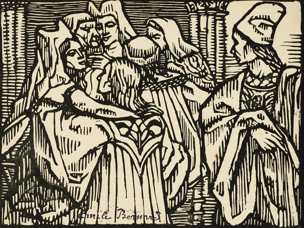 ÉMILE BERNARD (1868-1941). Religious composition, signed, woodcut.