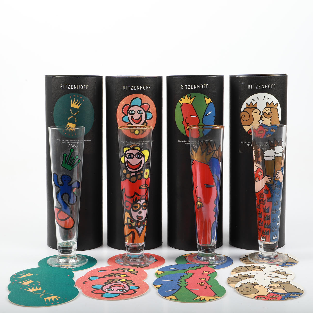 ÖLGLAS, 4 stycken, dekormålade, Ritzenhoff, Tyskland.