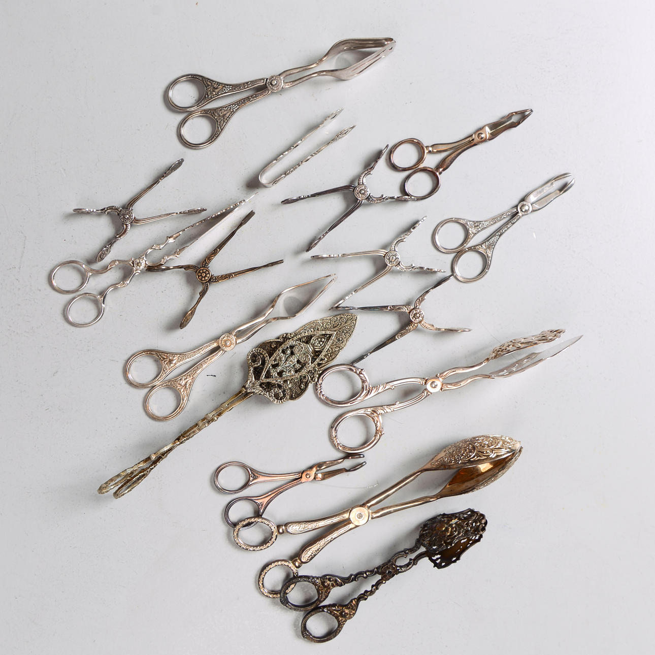 CAKE & SUGAR TONGS, 16 pcs, nickel silver.