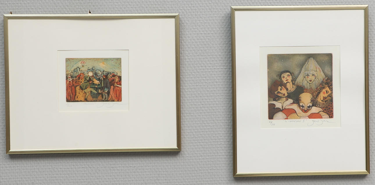 IRENE JARZ. etsningar, 2 st, "Paraden" & "Il Carnevale II", signerade, numrerade.