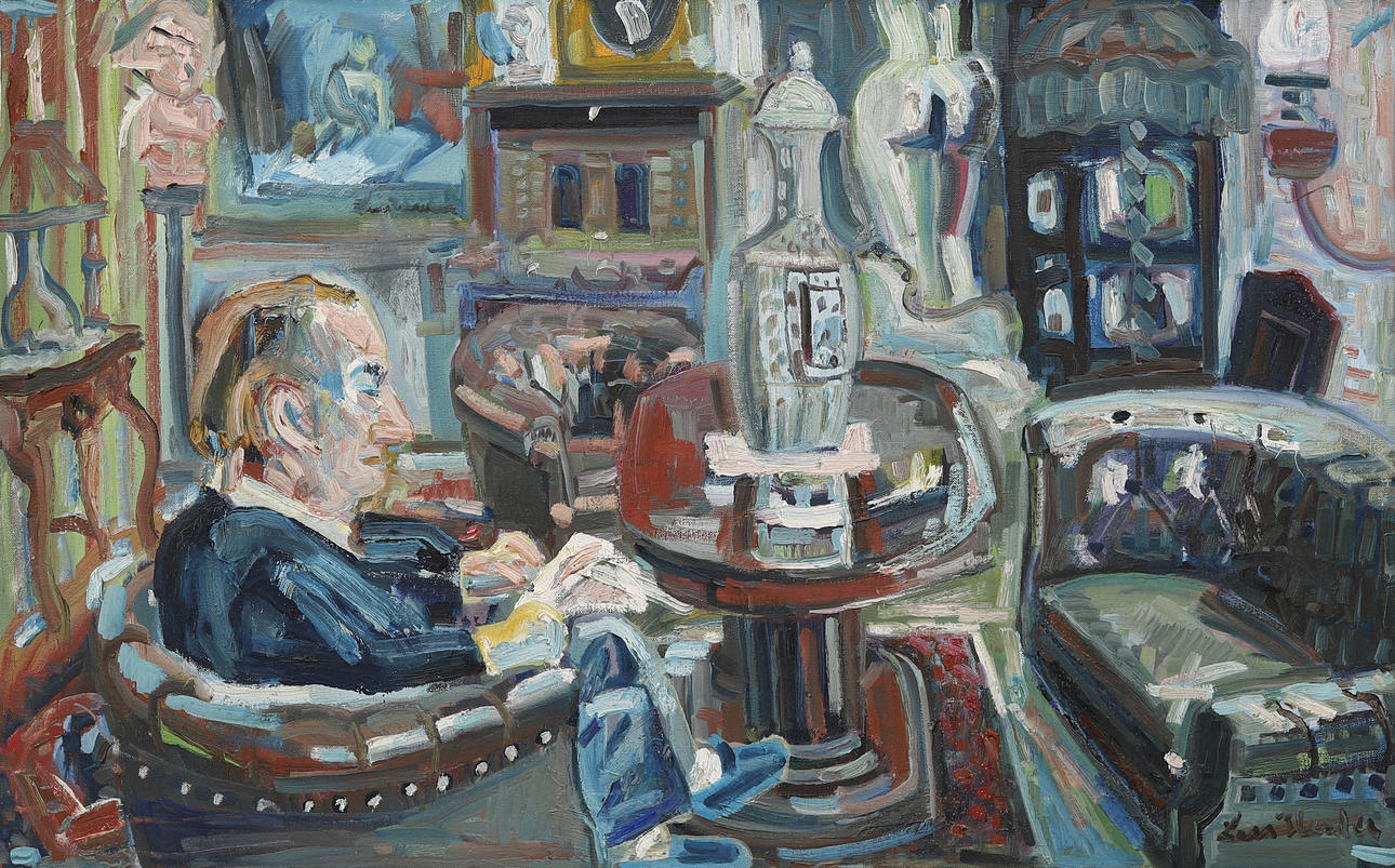 LARS HERDER. Interior with seated man, oil on canvas, signed.