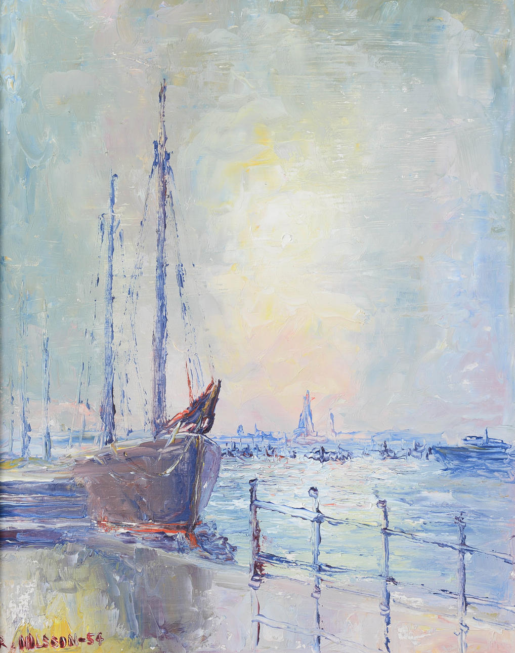 OIDENTIFIERAD KONSTNÄR. Harbour motif, oil on panel, signed R. Nilsson and dated -54.