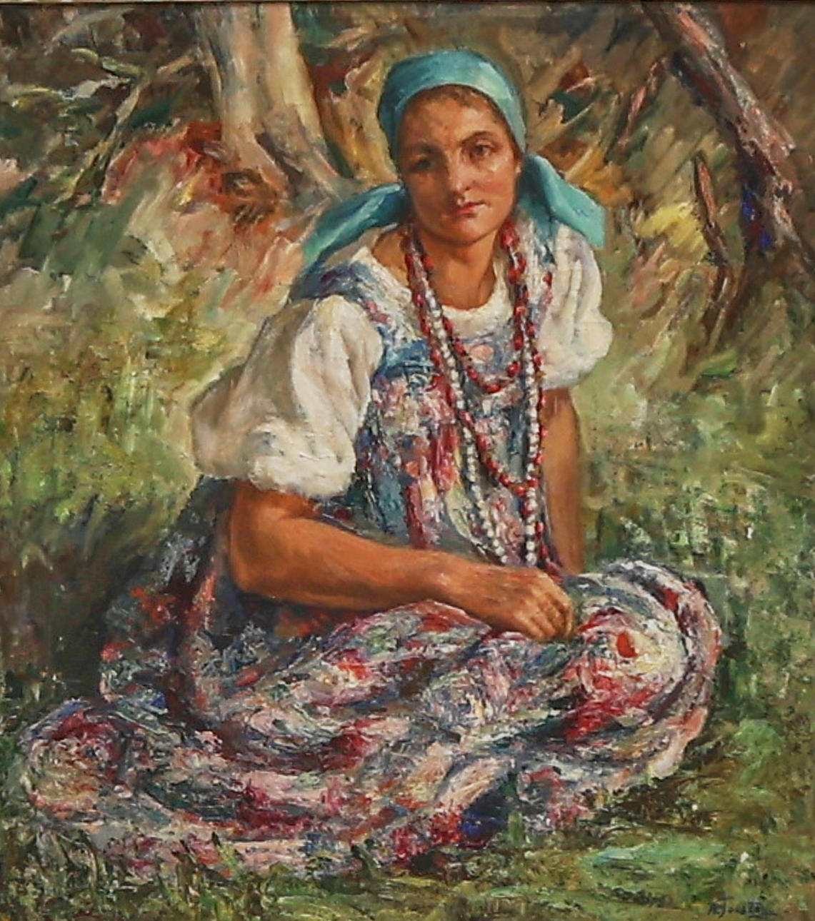 ALEXANDER TOLSTOY. Oil painting, signed, woman in the grass, canvas.