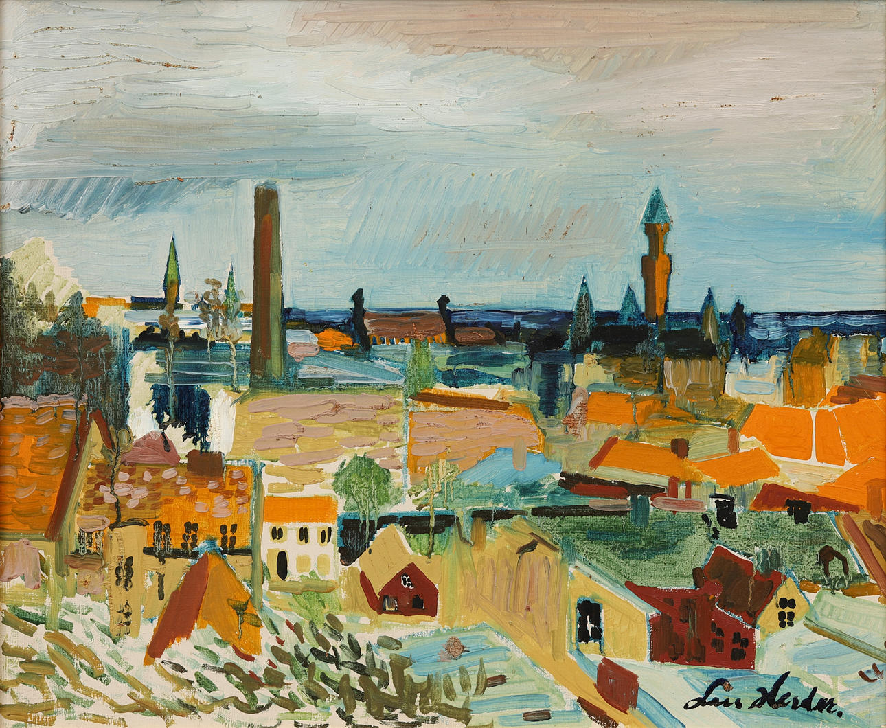 LARS HERDER. View of Helsingborg, oil on panel, signed.