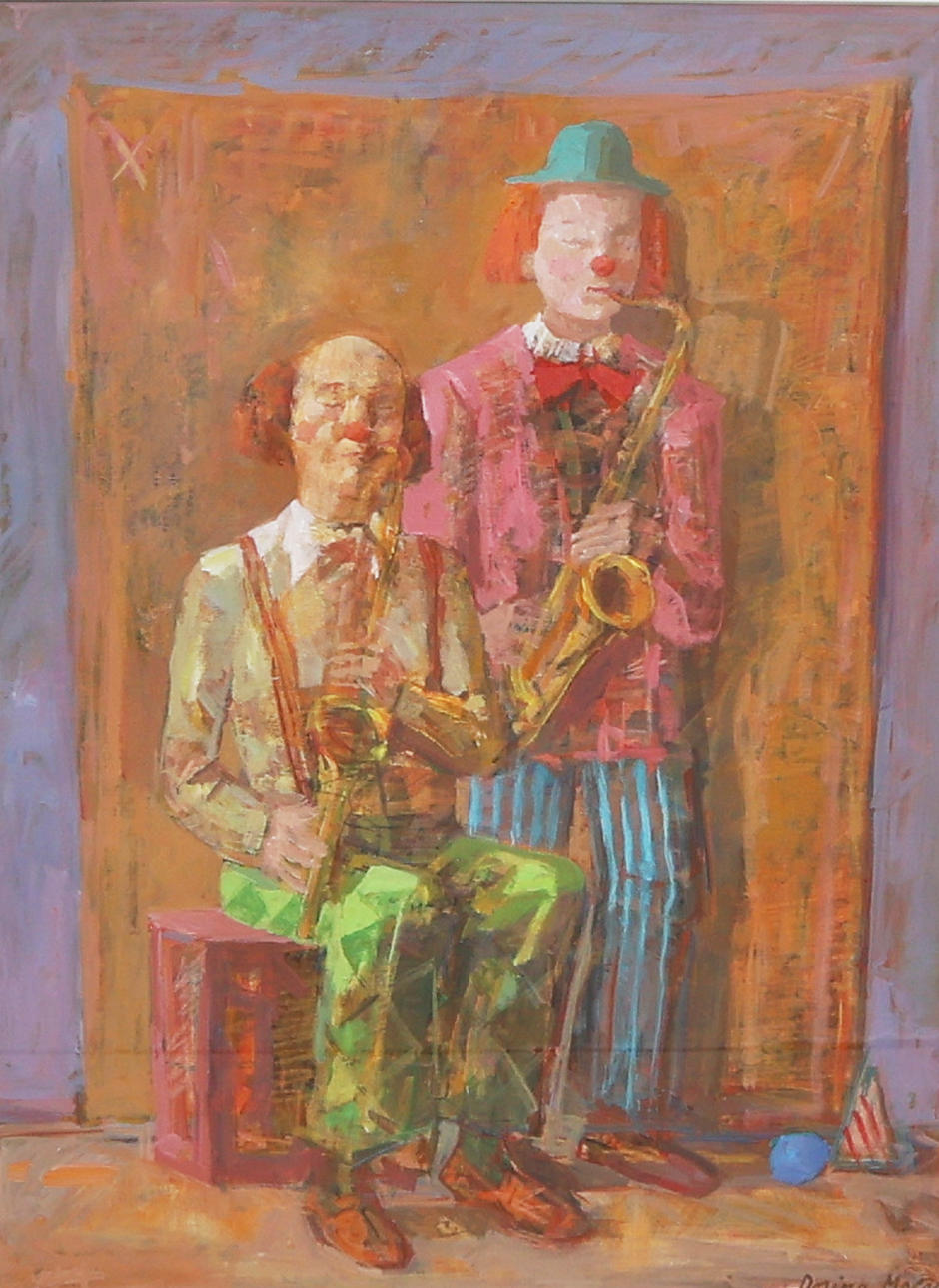 DORINA MOCAN. Oil painting, signed, Clowns.
