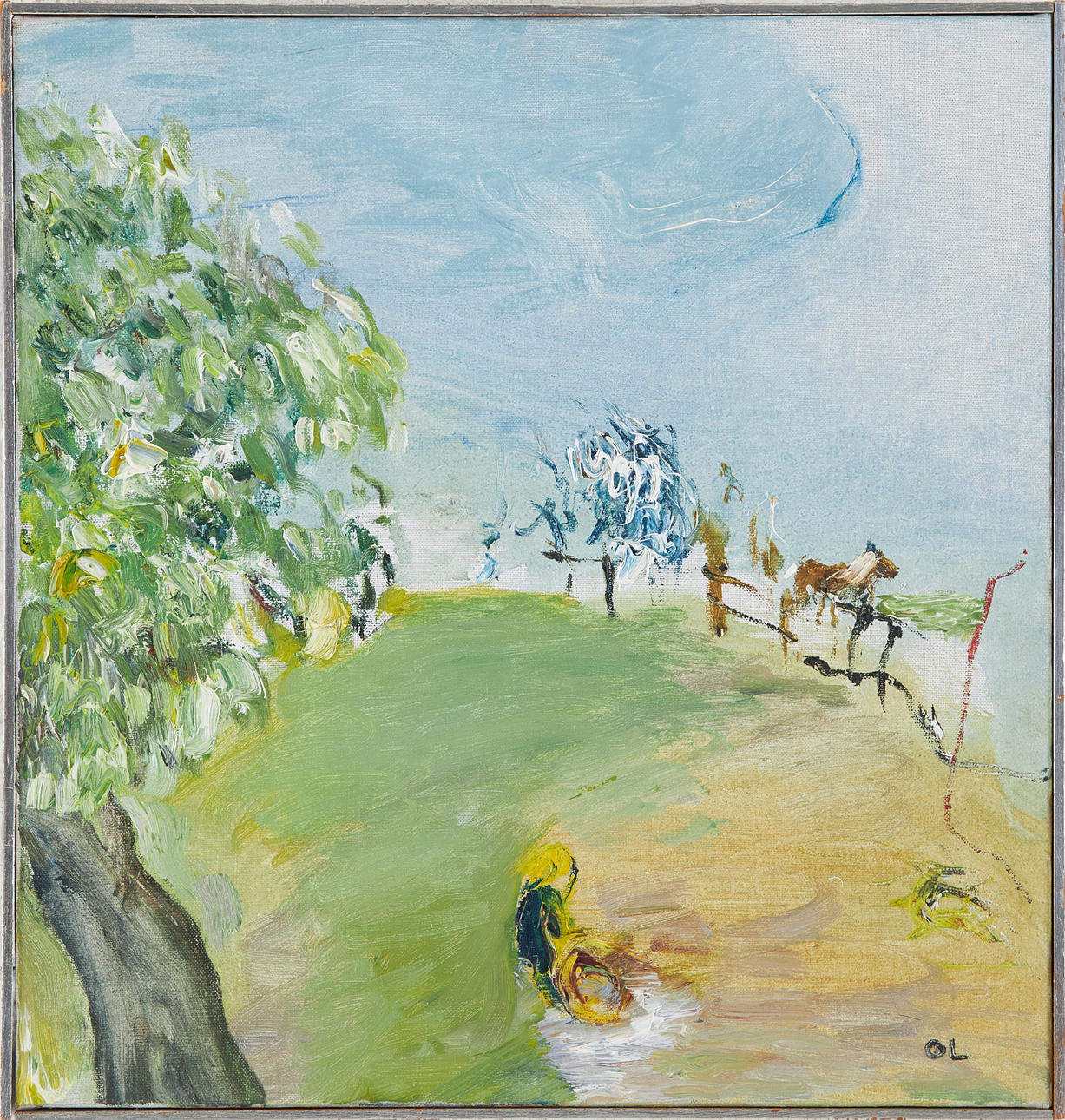 OLLE LINDGREN (FÖDD 1930). "Barnet, Hästen och Trädet", olja på duk, signerad OL.