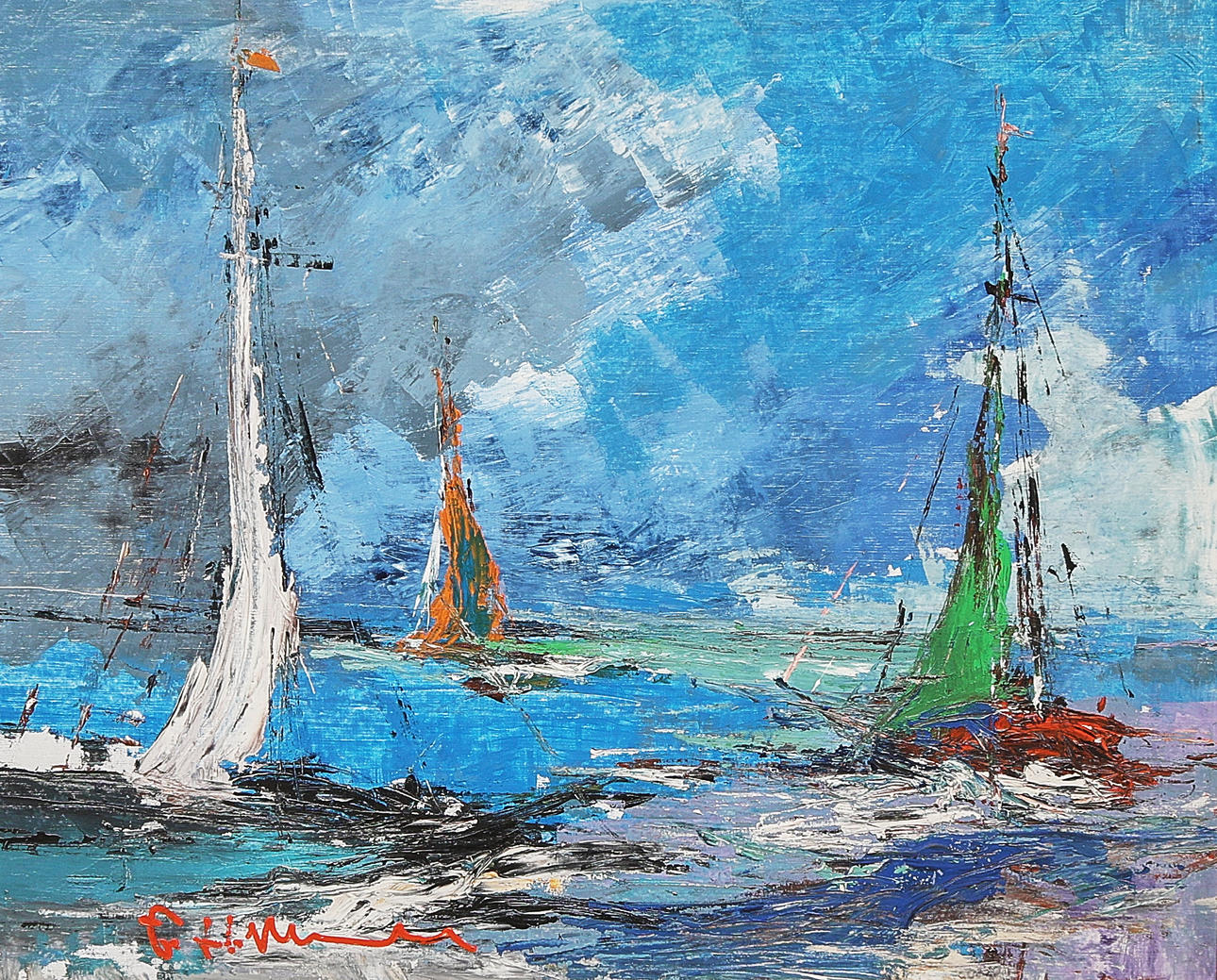 HELMUT MANTEL. Oljemålning, Segelbåtar.
