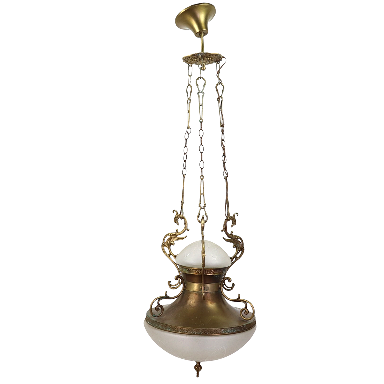 TAKLAMPA, stomme av mässing, två kupor av frostat glas med slipad dekor, 1900-tal.