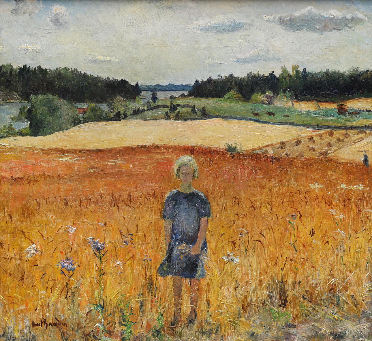 CARL LUTHANDER (1879-1967). olja på pannå, flicka på skördefält, signerad Luthander.