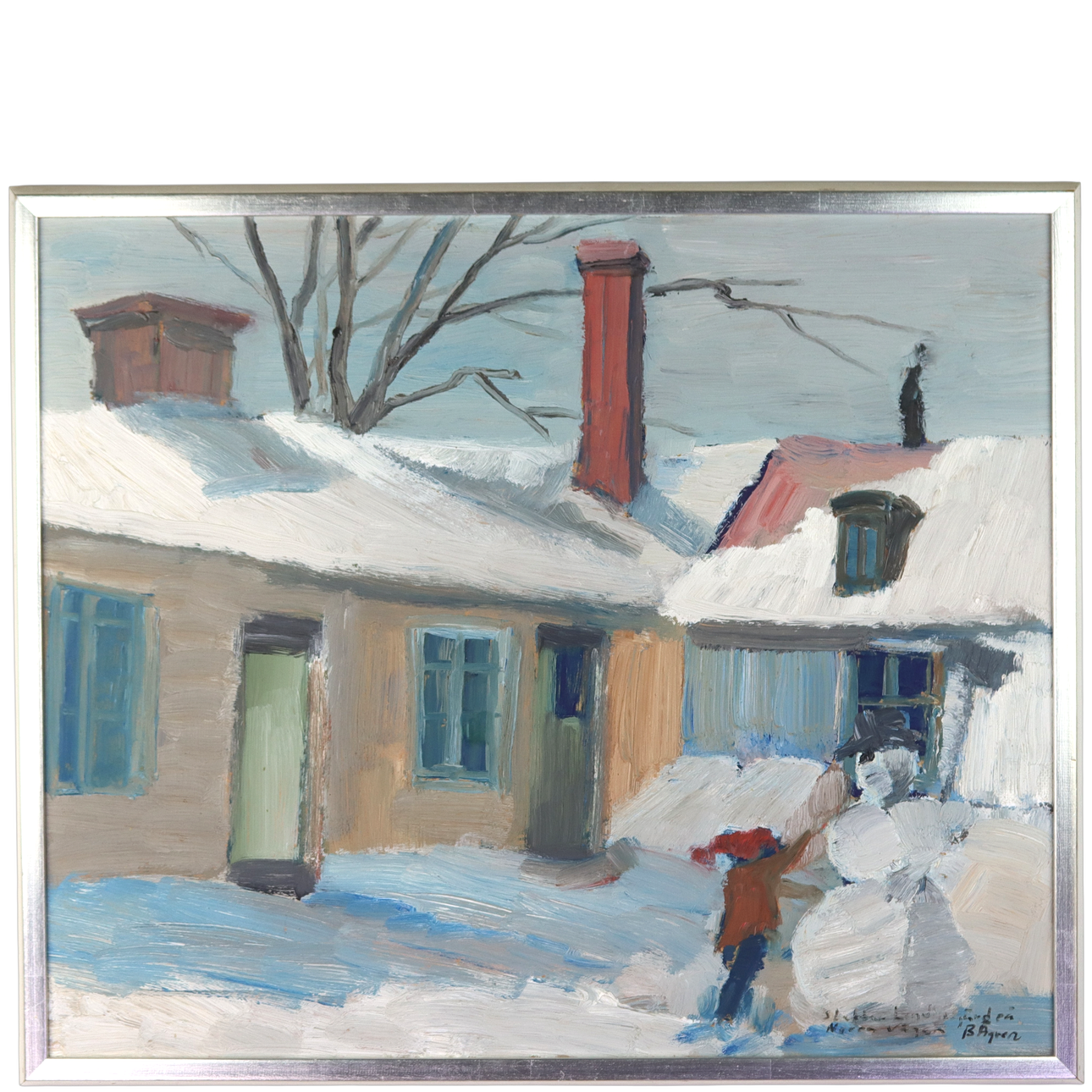 BENGT ÅGREN. Olja på pannå, gårdsplan med barn och snögubbe, signerad.