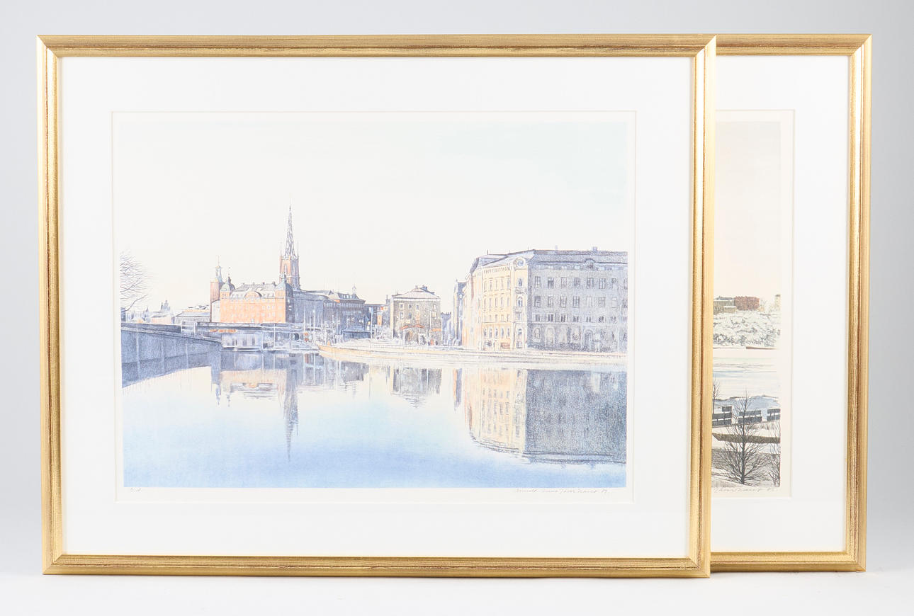 BERNDT RUNE JÄVERBRANDT. Colour lithographs, 2 pcs, Stockholm motifs, signed.