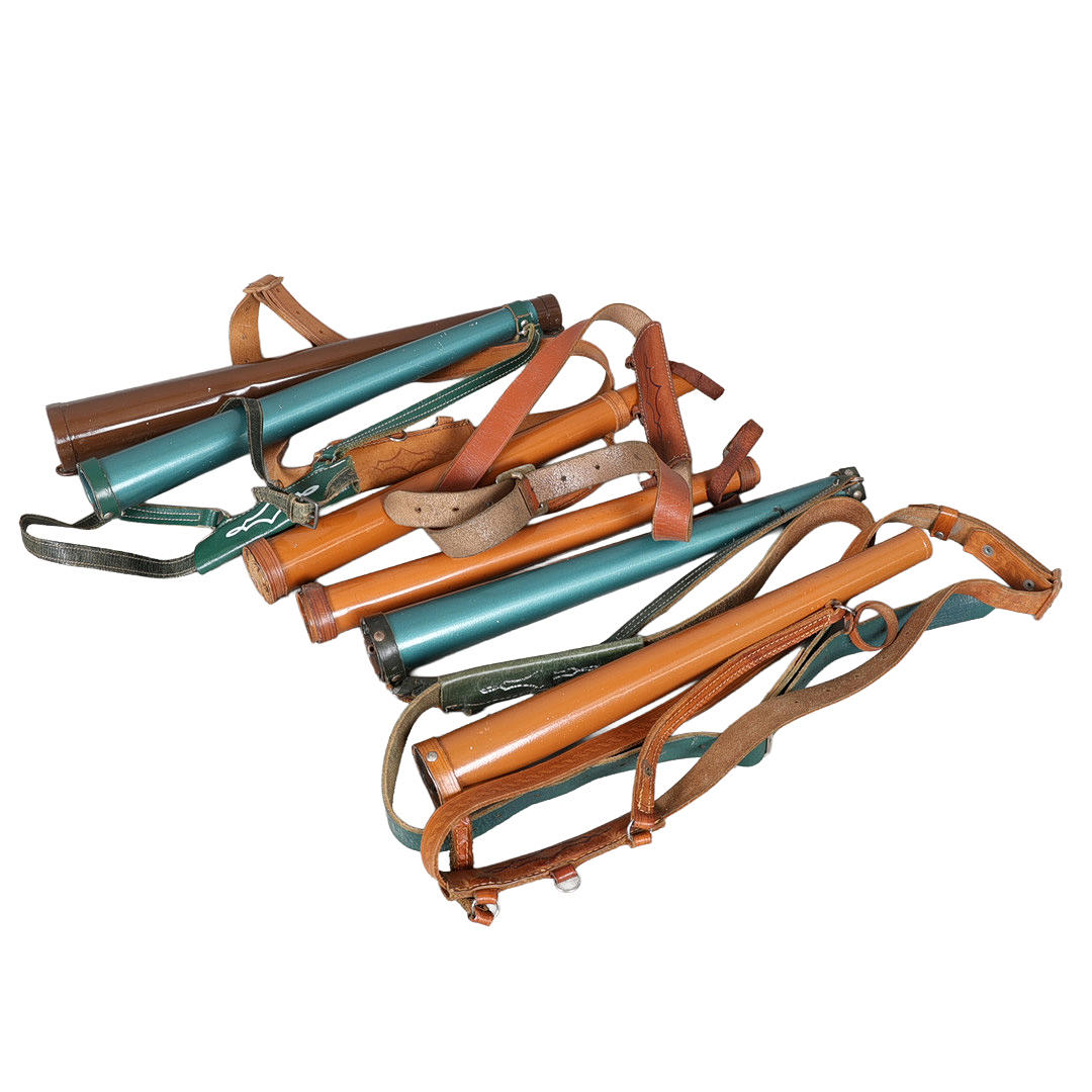 SIX SMALL TIN QUIVERS WITH LEATHER BELTS (6).