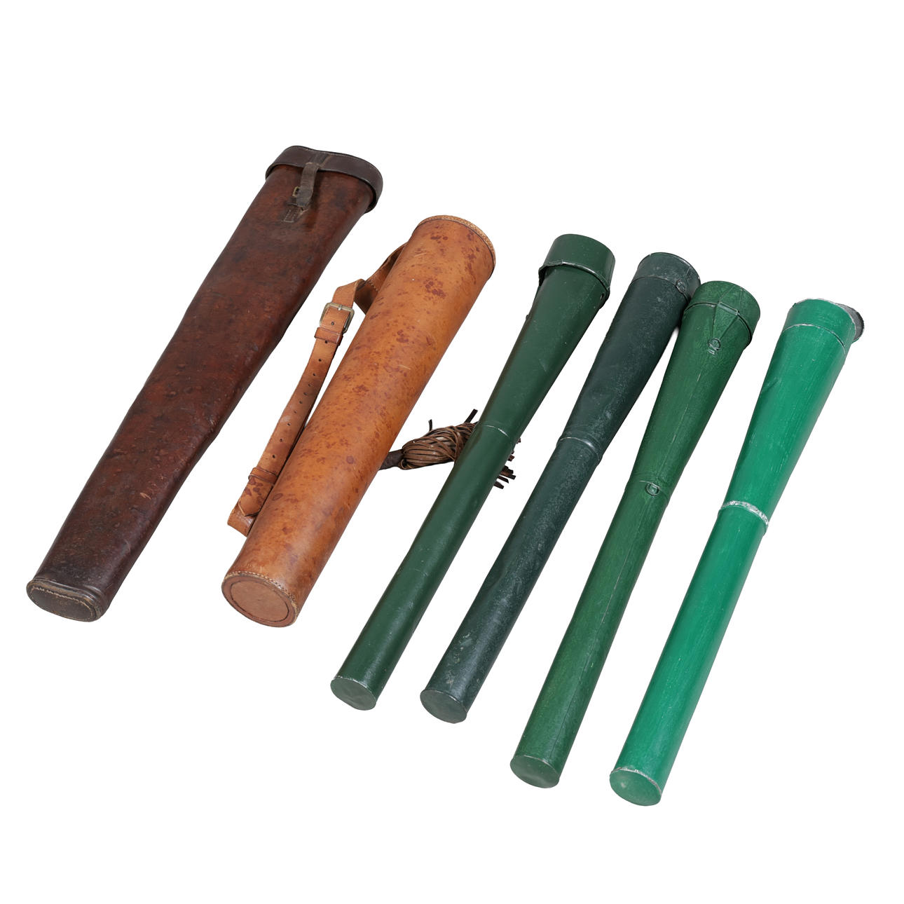 TWO LEATHER QUIVERS TOGETHER WITH FOUR METAL EXAMPLES (6).