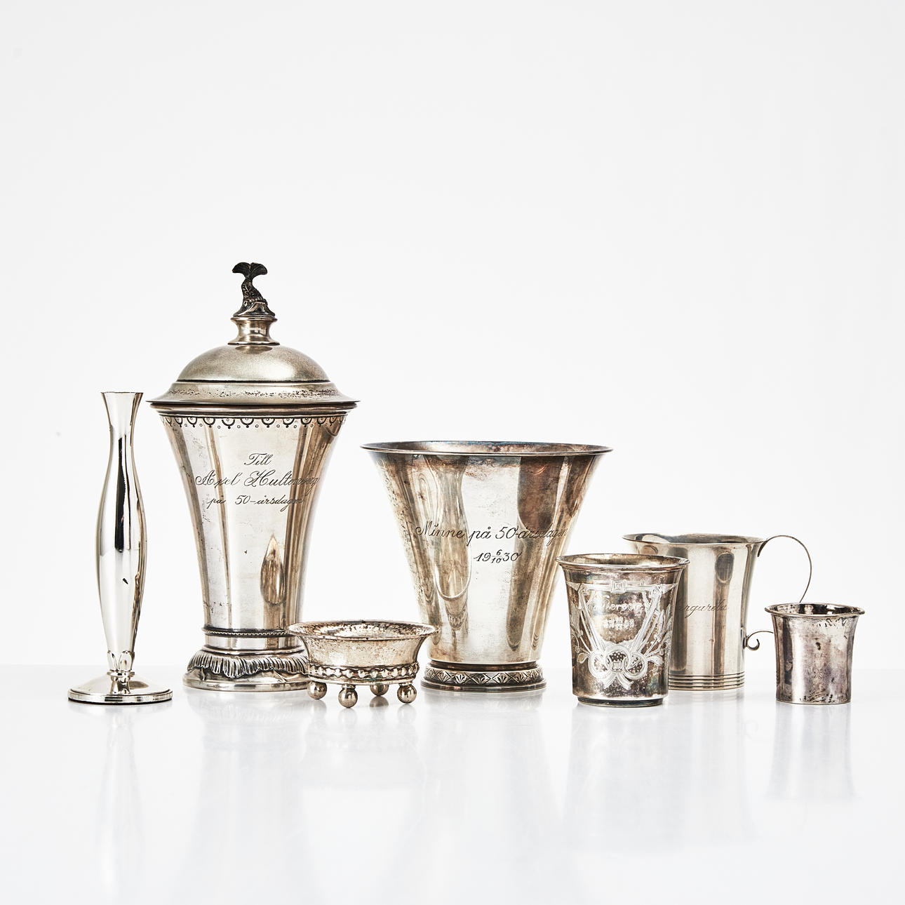 POKALER, VASER, KOPPAR, MUGG & LOCK, 8 dlr, silver, 18/1900-tal.