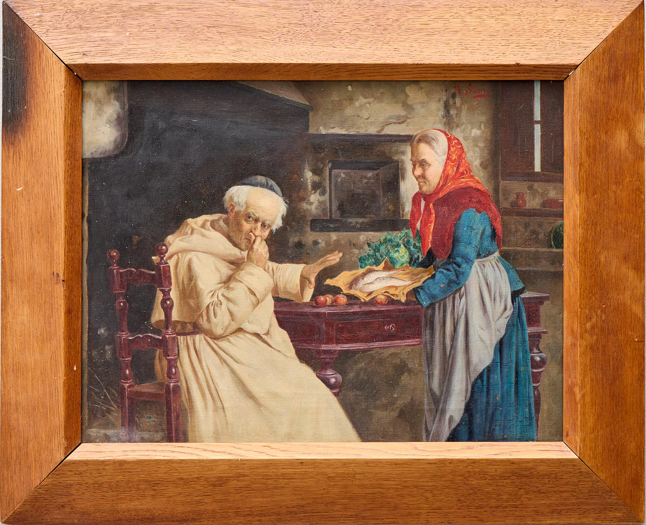 ALESSANDRO SANI (1856-1927). Köksscen med gumma och munk.