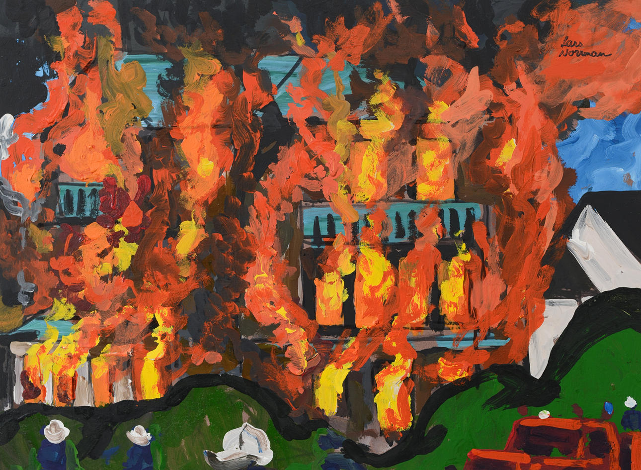 LARS NORRMAN. Fire in a residence, oil on panel, signed.