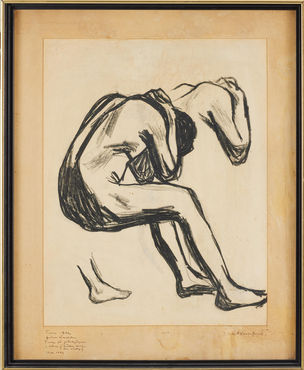 EVERT LUNDQUIST. Figurstudie, teckning, signerad, med dedikation.