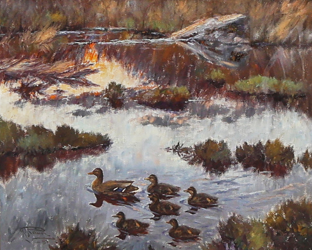 JOHANNES RAVN. Oil painting, Duck family, signed, dated -51, canvas.