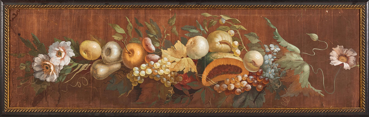 DÖRRÖVERSTYCKE / DEKORMÅLERI, 1800-talets slut, frukter och blommor, gouache på papper.