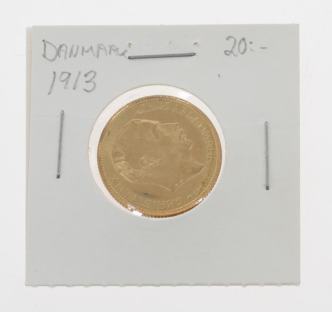 GULDMYNT, 20 kroner Danmark 1913, 21,6k guld. Vikt 8,8 gram.