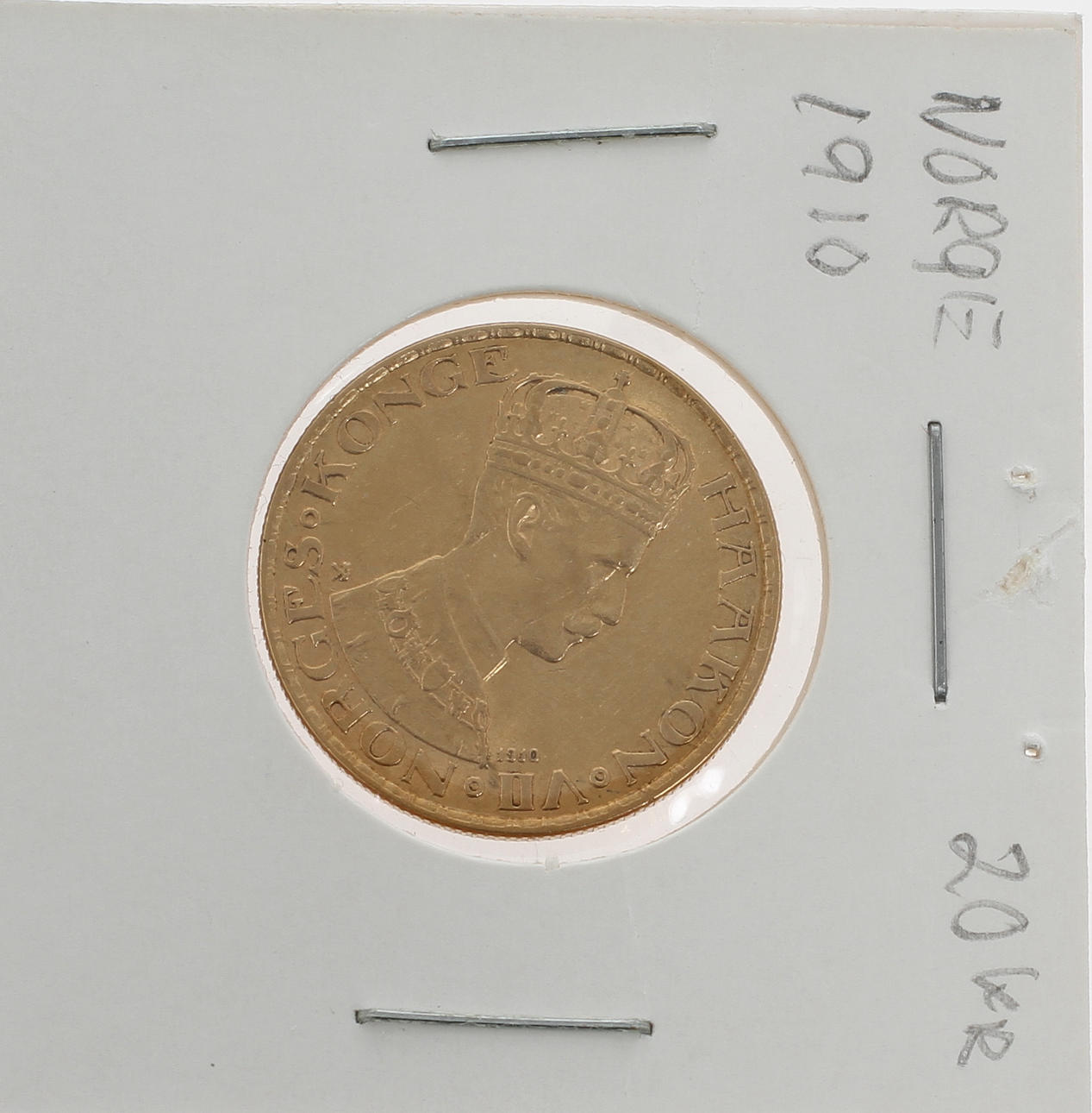 GULDMYNT, 20 kroner Norge 1910, 21,6k guld. Vikt 8,9 gram.