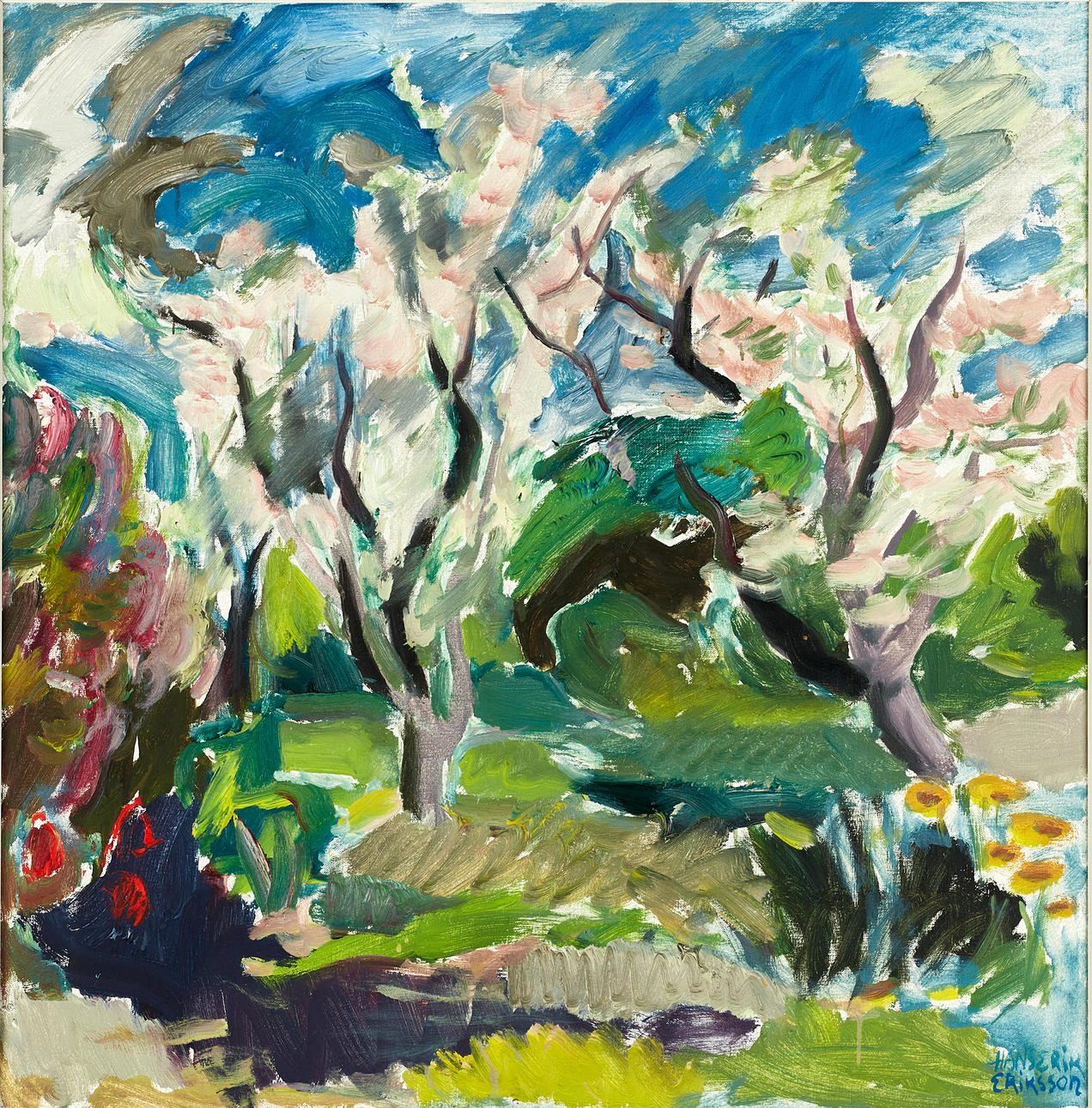 HANS-ERIK ERIKSSON (1921–1998). Blommande fruktträd, signerad, olja på duk.