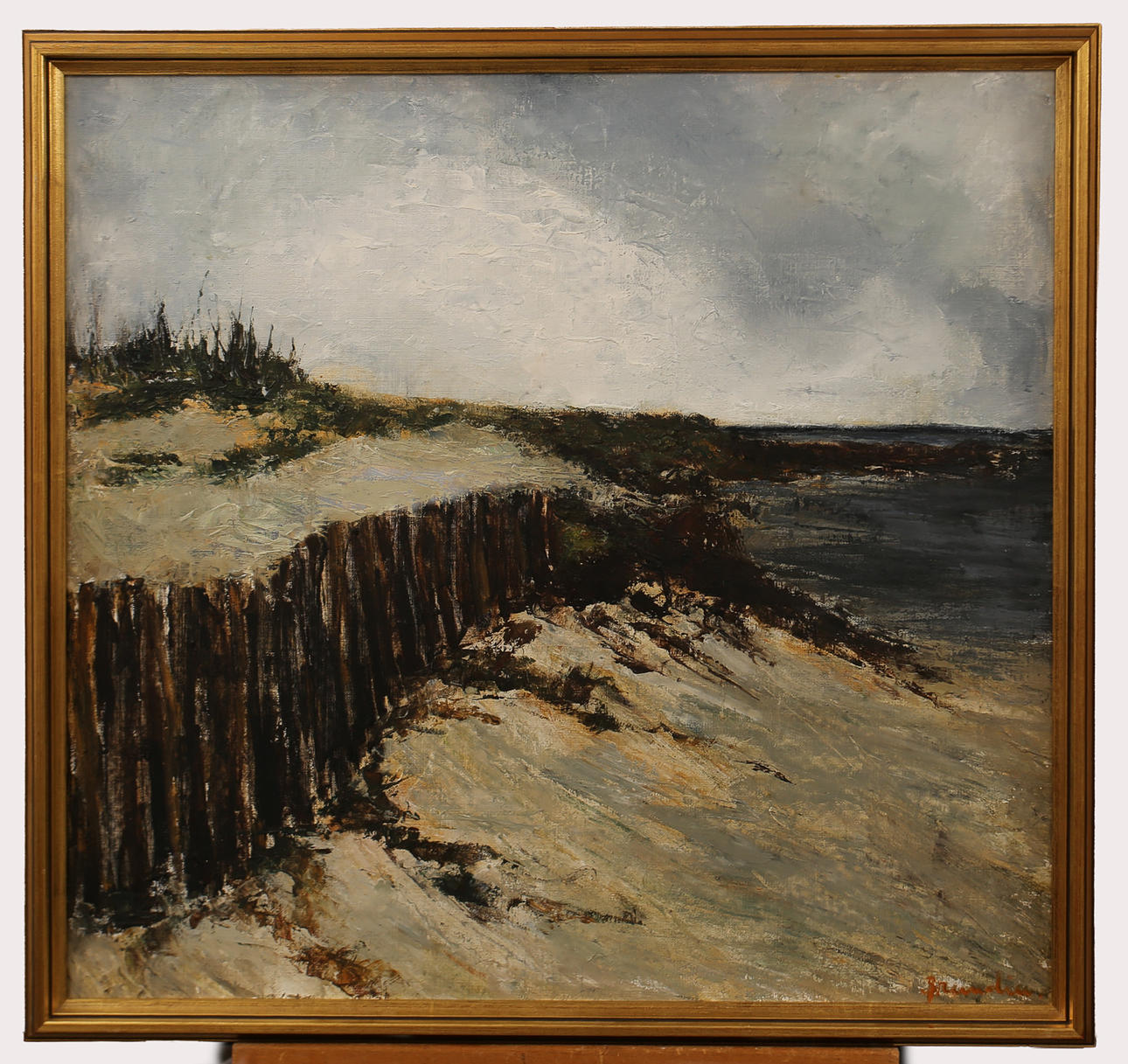 HANNA BRUNDIN. Olja på duk, Strandkant med staket, signerad.