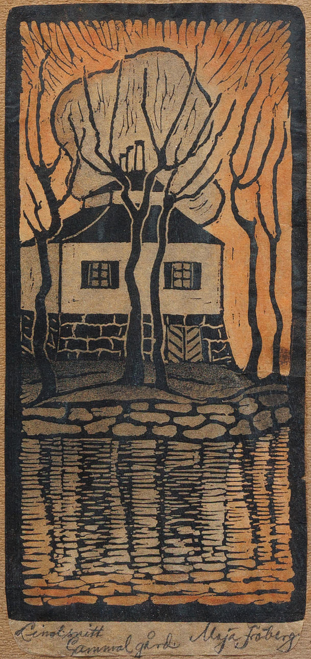 MAJA FRÖBERG (1886-1962). "Gammal gård", linoleumsnitt, signerad.