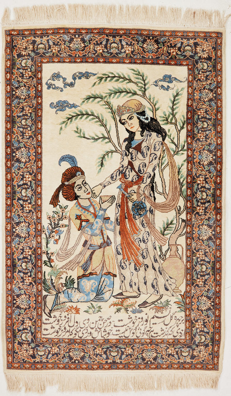 ORIENTMATTA. Persien, figural, med text, ca 130x95 cm.