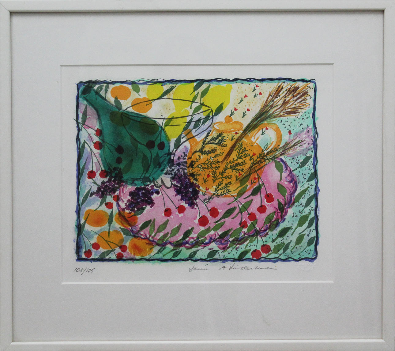 LENA LINDERHOLM. Stilleben med körsbär. Färglitografi. Signerad Lena A Linderholm. 108/175.