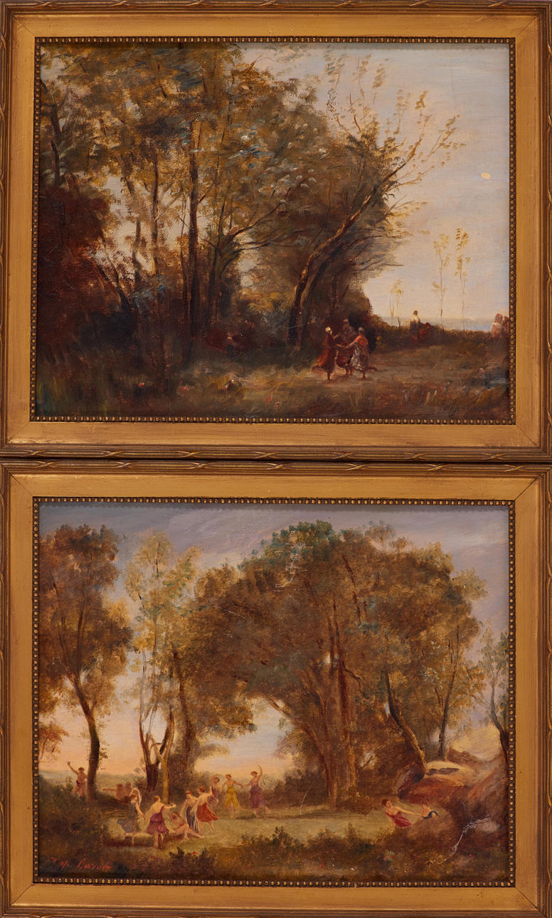 CAMILLE JEAN-BAPTISTE COROT. EFTER. Landskapsmotiv med figurer, 2 st, olja på duk.
