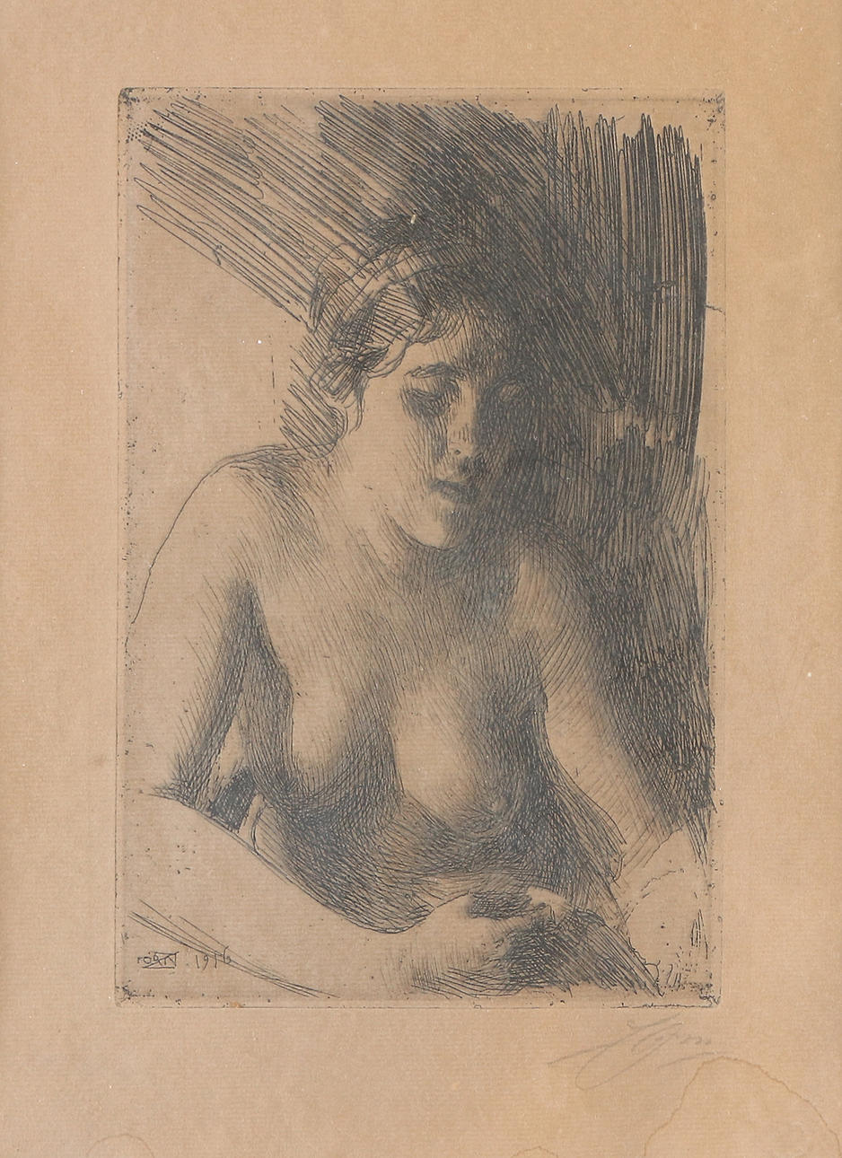 ANDERS ZORN. Etsning. "Byst". Signerad i blyerts.