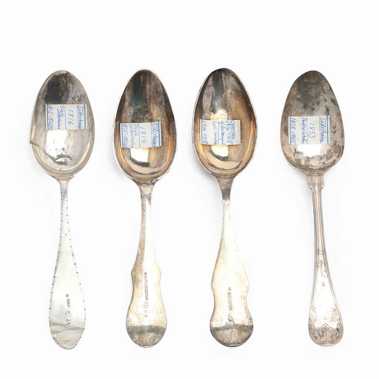 SPOONS. Silver, 4 pcs, Lars Grubb, Anders Wedin and Isak Söderholm, Söderhamn, first half of the 19th century.