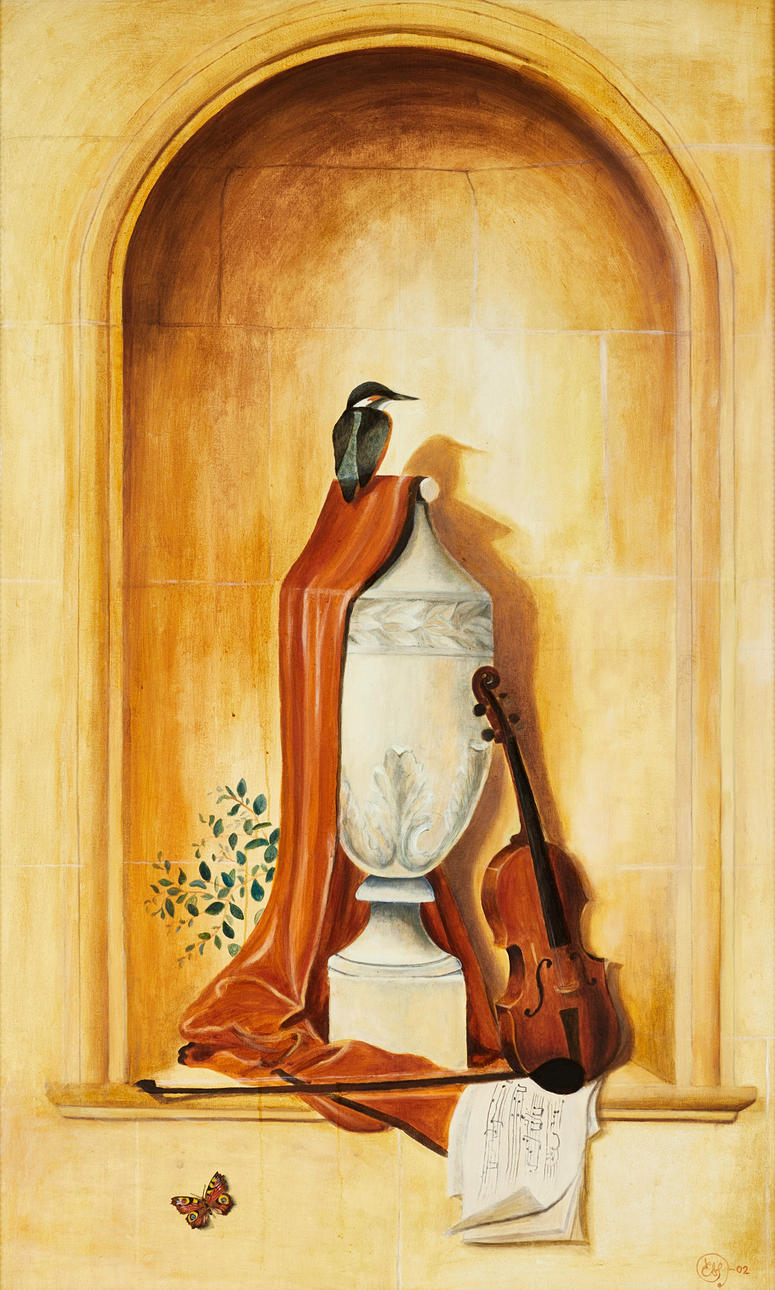 OIDENTIFIERAD KONSTNÄR. Tromp l'oeil med urna, monogramsignerad, daterad -02, olja på pannå.